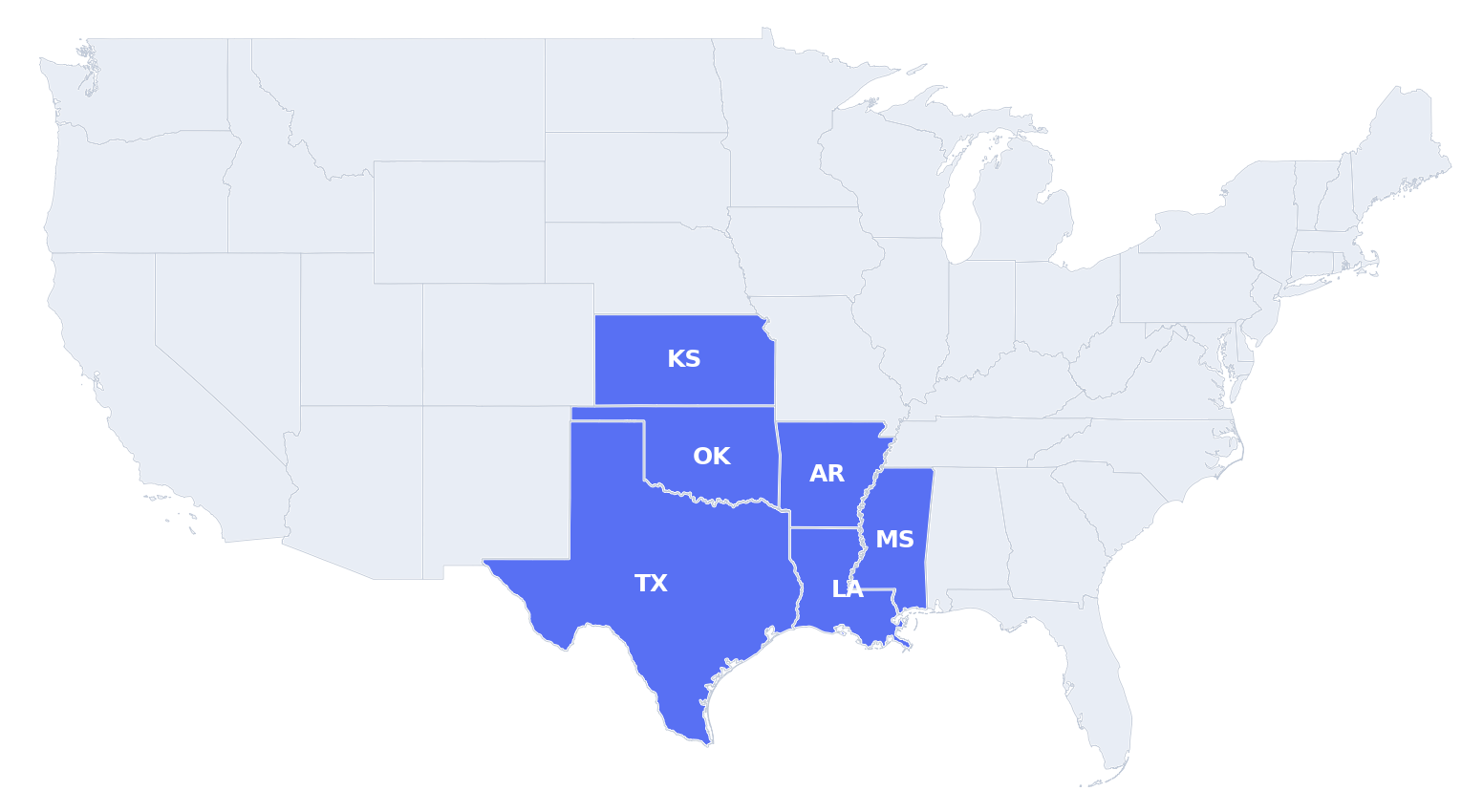 Map highlighting NAC Metal Buildings service states: Texas, Oklahoma, Arkansas, Louisiana, Kansas and Mississippi